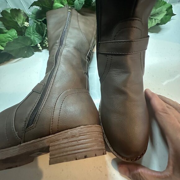 Brown Knee-High Boots With Buckle & Side Zipper - Picture 6 of 12